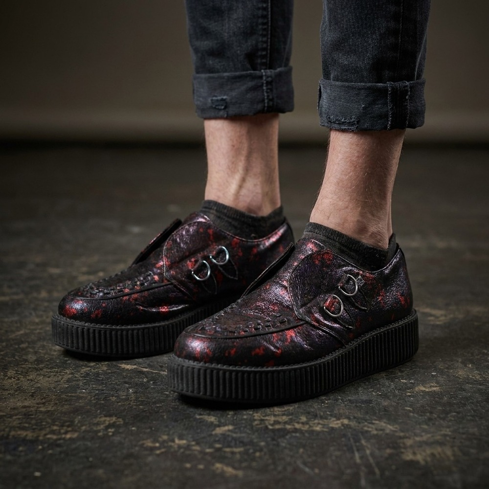 TUK Mens Creeper Shoes 7 Black Red Metallic Leather Punk Goth Platform
